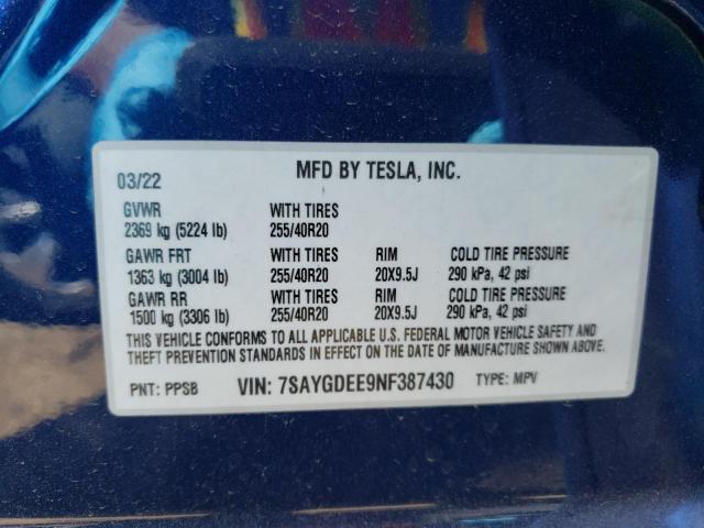 Photo 10 from auction – 2022 TESLA MODEL Y with VIN 7SAYGDEE9NF387430