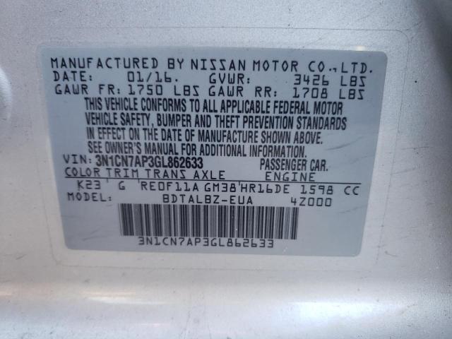Zdjęcie 10 z aukcji – 2016 NISSAN VERSA S z VIN 3N1CN7AP3GL862633