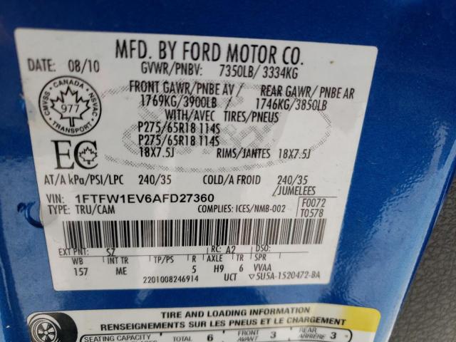 Photo 10 from auction – 2010 FORD F150 SUPER with VIN 1FTFW1EV6AFD27360