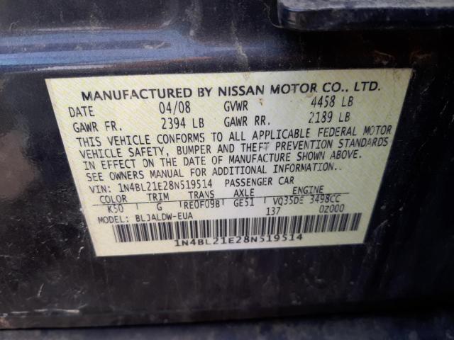 Photo 10 from auction – 2008 NISSAN ALTIMA 3.5 with VIN 1N4BL21E28N519514