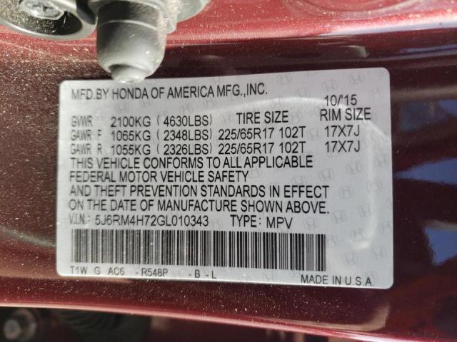 Photo 10 from auction – 2016 HONDA CR-V EXL with VIN 5J6RM4H72GL010343