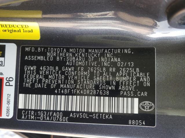 Photo 10 from auction – 2013 TOYOTA CAMRY L with VIN 4T4BF1FK4DR287638