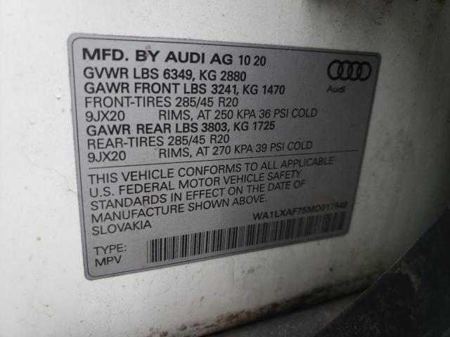 Photo 10 from auction – 2021 AUDI Q7 PREMIUM with VIN WA1LXAF75MD017548