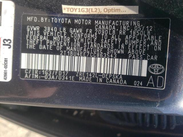 Photo 10 from auction – 2012 TOYOTA COROLLA BA with VIN 2T1BU4EE7CC863543
