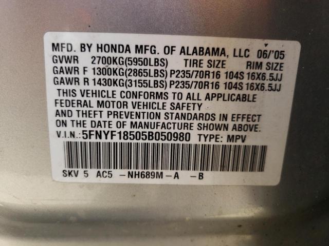 Photo 10 from auction – 2005 HONDA PILOT EXL with VIN 5FNYF18505B050980