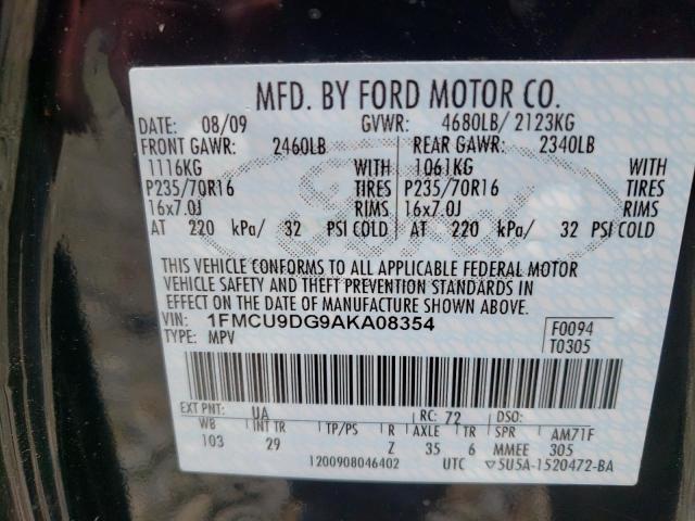 Photo 10 from auction – 2010 FORD ESCAPE XLT with VIN 1FMCU9DG9AKA08354