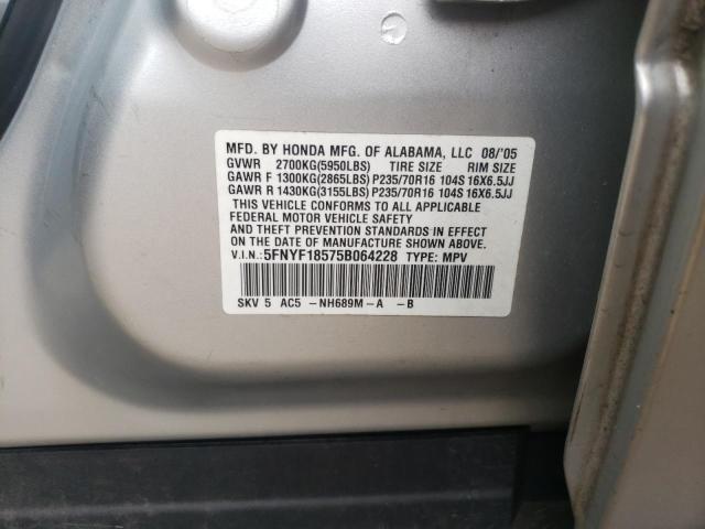 Photo 10 from auction – 2005 HONDA PILOT EXL with VIN 5FNYF18575B064228