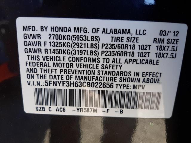 Photo 10 from auction – 2012 HONDA PILOT EXL with VIN 5FNYF3H63CB022656