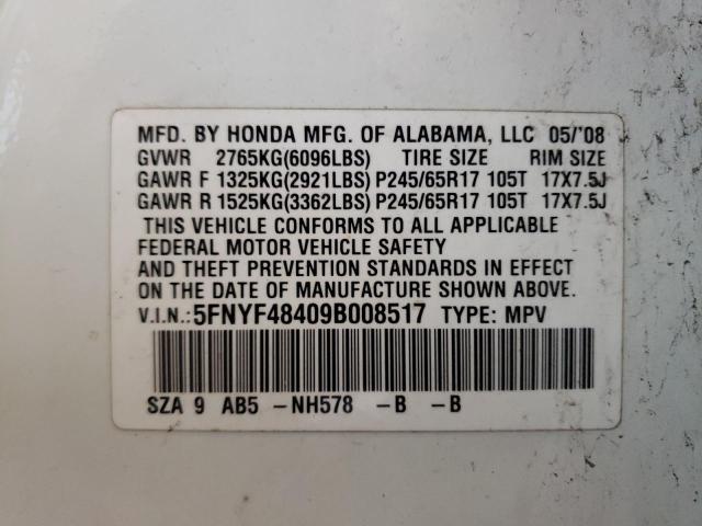 Photo 10 from auction – 2009 HONDA PILOT EX with VIN 5FNYF48409B008517