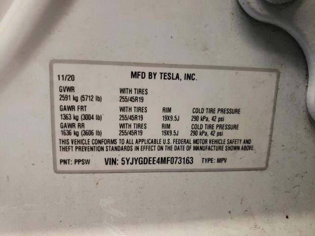 Photo 10 from auction – 2021 TESLA MODEL Y with VIN 5YJYGDEE4MF073163