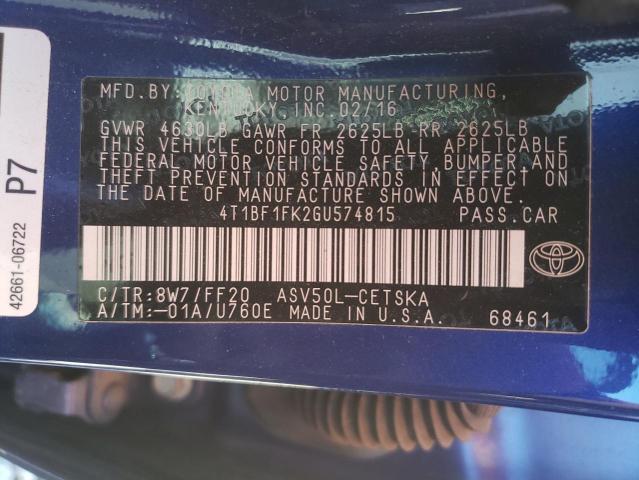 Photo 10 from auction – 2016 TOYOTA CAMRY LE with VIN 4T1BF1FK2GU574815