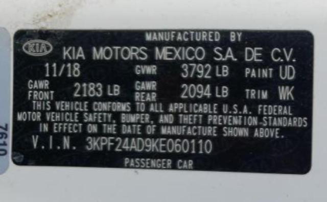 Photo 10 from auction – 2019 KIA FORTE FE with VIN 3KPF24AD9KE060110