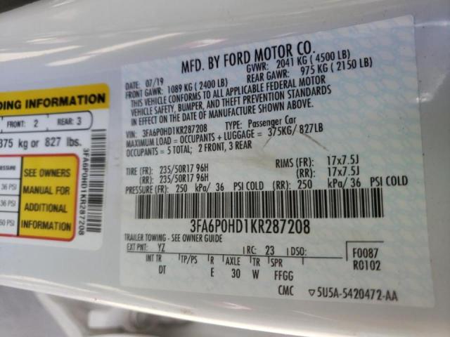 Photo 10 from auction – 2019 FORD FUSION SE with VIN 3FA6P0HD1KR287208