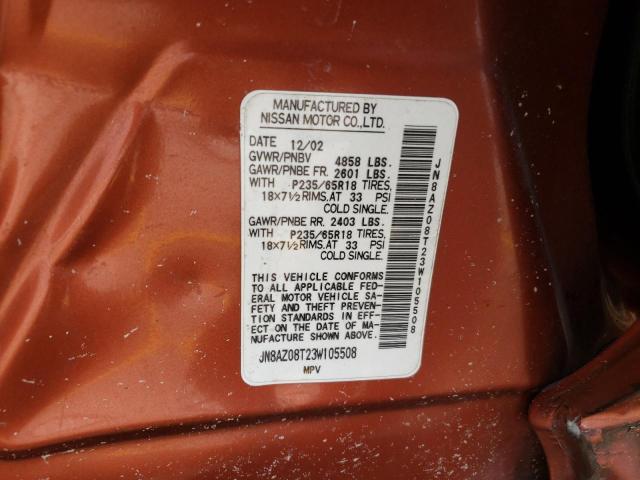 Photo 10 from auction – 2003 NISSAN MURANO SL with VIN JN8AZ08T23W105508