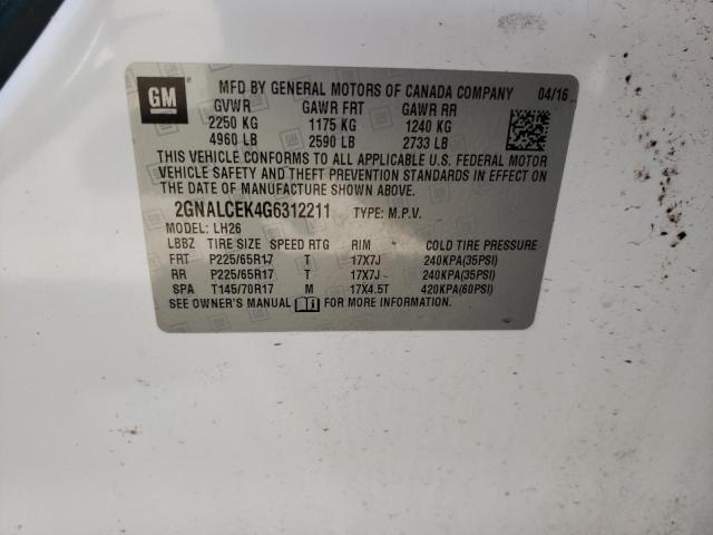 Photo 10 from auction – 2016 CHEVROLET EQUINOX LT with VIN 2GNALCEK4G6312211