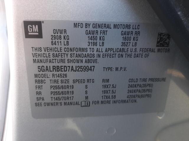 Photo 10 from auction – 2010 BUICK ENCLAVE CX with VIN 5GALRBED7AJ259947
