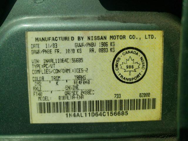 Photo 10 from auction – 2004 NISSAN ALTIMA BAS with VIN 1N4AL11D64C156685