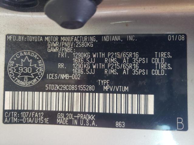 Photo 10 from auction – 2008 TOYOTA SIENNA CE with VIN 5TDZK29C08S155280