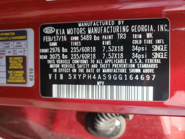 Photo 10 from auction – 2016 KIA SORENTO EX with VIN 5XYPH4A59GG164697