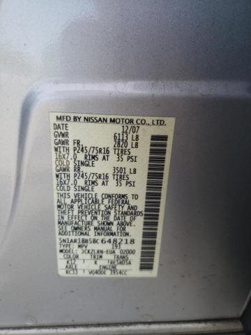 Photo 10 from auction – 2008 NISSAN PATHFINDER with VIN 5N1AR18B58C648218