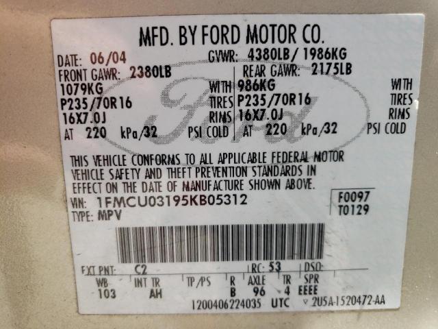 Photo 10 from auction – 2005 FORD ESCAPE XLT with VIN 1FMCU03195KB05312