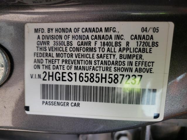 Photo 10 from auction – 2005 HONDA CIVIC LX with VIN 2HGES16585H587237