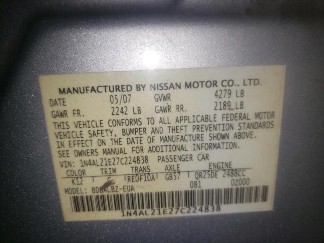 Photo 10 from auction – 2007 NISSAN ALTIMA 2.5 with VIN 1N4AL21E27C224838