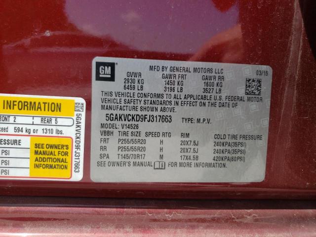 Photo 10 from auction – 2015 BUICK ENCLAVE with VIN 5GAKVCKD9FJ317663