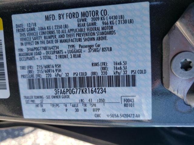 Photo 10 from auction – 2019 FORD FUSION S with VIN 3FA6P0G77KR164234