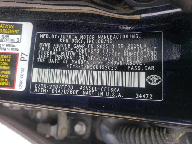 Photo 10 from auction – 2012 TOYOTA CAMRY BASE with VIN 4T1BF1FK5CU152029