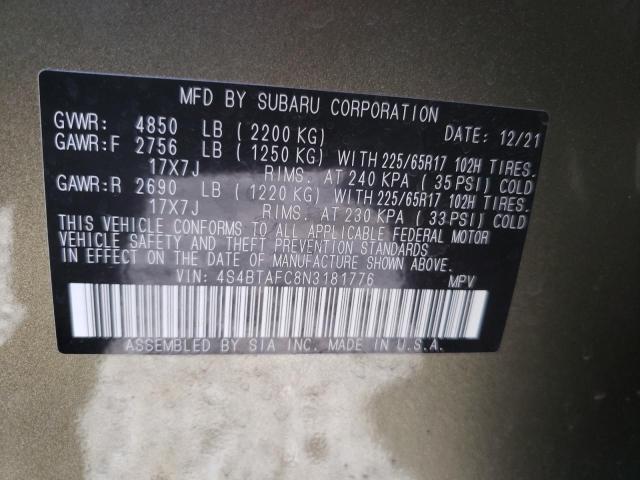 Photo 10 from auction – 2022 SUBARU OUTBACK PR with VIN 4S4BTAFC8N3181776