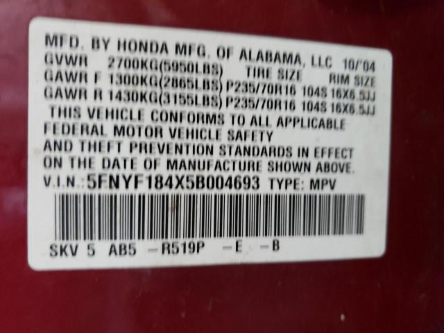 Photo 10 from auction – 2005 HONDA PILOT EX with VIN 5FNYF184X5B004693