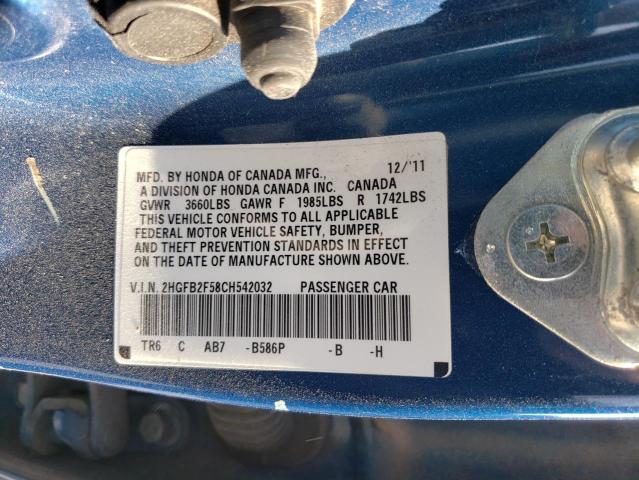 Photo 10 from auction – 2012 HONDA CIVIC LX with VIN 2HGFB2F58CH542032