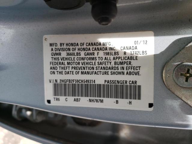 Photo 10 from auction – 2012 HONDA CIVIC LX with VIN 2HGFB2F59CH549314