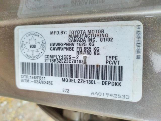 Photo 10 from auction – 2003 TOYOTA COROLLA CE with VIN 2T1BR32E23C701836