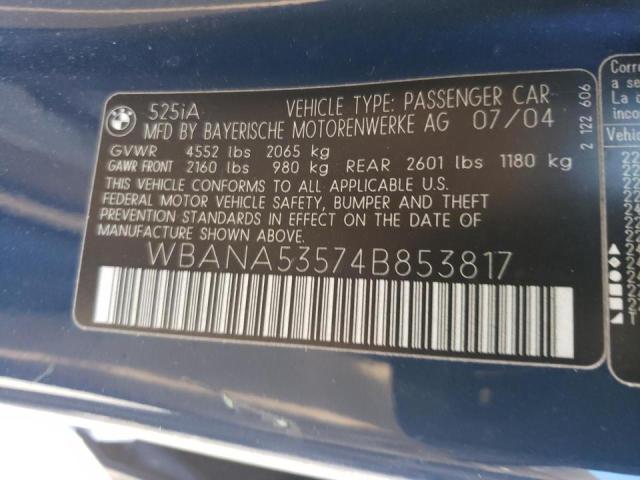 Photo 10 from auction – 2004 BMW 525 I with VIN WBANA53574B853817
