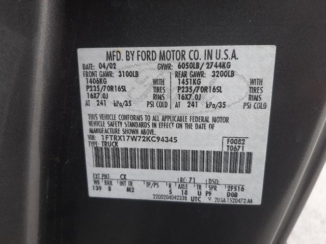 Photo 10 from auction – 2002 FORD F150 with VIN 1FTRX17W72KC94345