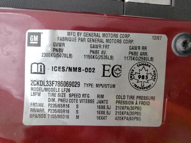 Photo 10 from auction – 2008 PONTIAC TORRENT with VIN 2CKDL33F786069029