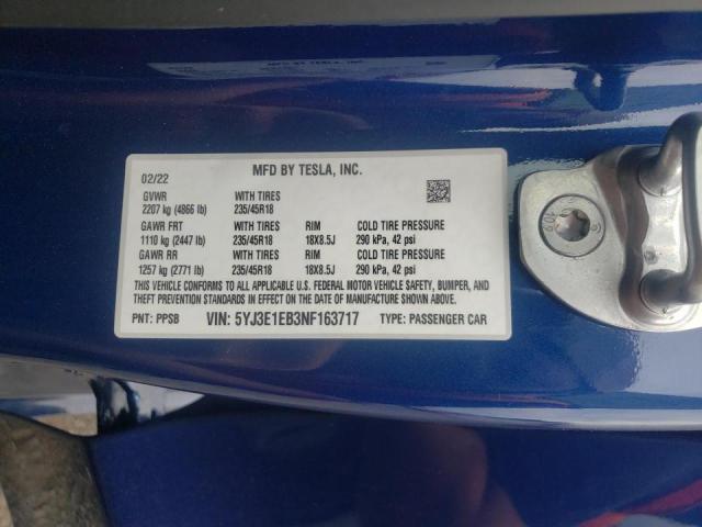 Photo 10 from auction – 2022 TESLA MODEL 3 with VIN 5YJ3E1EB3NF163717