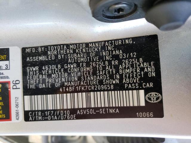 Photo 10 from auction – 2012 TOYOTA CAMRY BASE with VIN 4T4BF1FK7CR209658