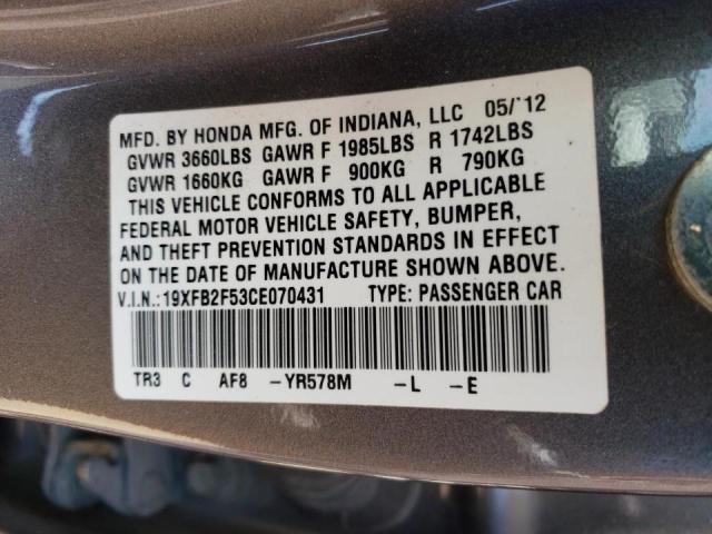 Photo 10 from auction – 2012 HONDA CIVIC LX with VIN 19XFB2F53CE070431