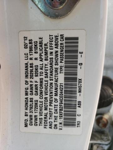 Photo 10 from auction – 2012 HONDA CIVIC EXL with VIN 19XFB2F94CE044231