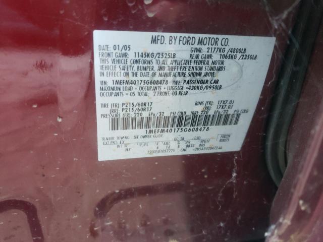 Photo 10 from auction – 2005 MERCURY MONTEGO LU with VIN 1MEFM40175G608478
