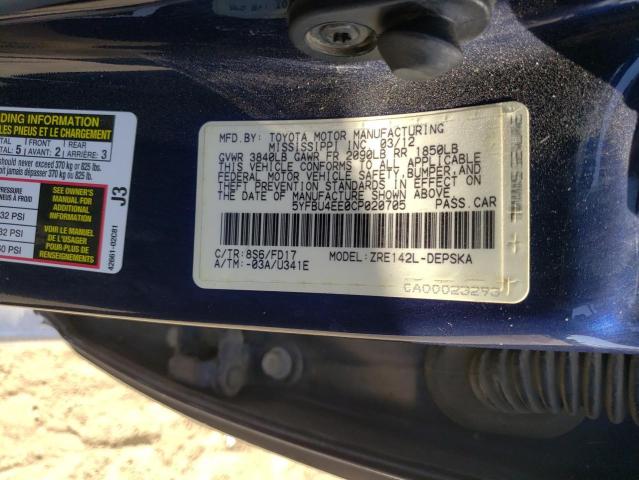 Photo 10 from auction – 2012 TOYOTA COROLLA BA with VIN 5YFBU4EE0CP020705