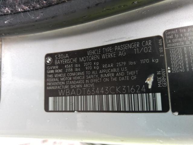 Photo 10 from auction – 2003 BMW 530 I AUTO with VIN WBADT63443CK31624