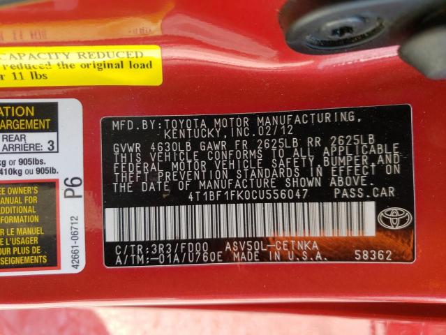 Photo 10 from auction – 2012 TOYOTA CAMRY BASE with VIN 4T1BF1FK0CU556047