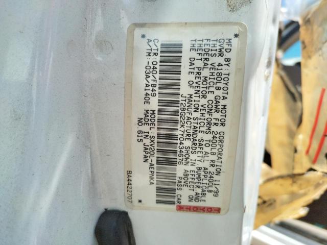 Photo 10 from auction – 2000 TOYOTA CAMRY CE with VIN JT2BG22K7Y0434676