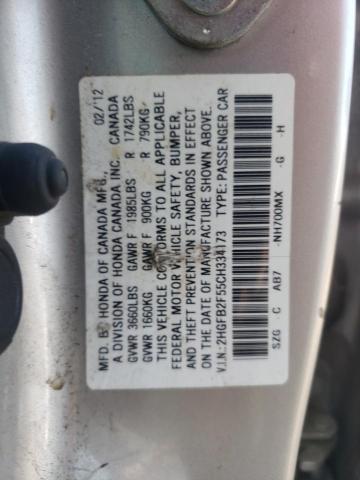 Photo 10 from auction – 2012 HONDA CIVIC LX with VIN 2HGFB2F55CH334173