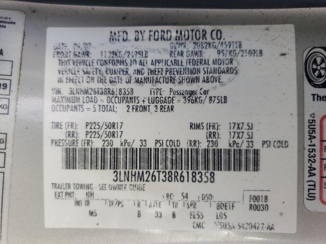 Photo 10 from auction – 2008 LINCOLN MKZ with VIN 3LNHM26T38R618358