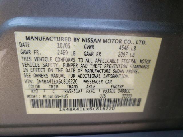 Photo 10 from auction – 2006 NISSAN MAXIMA with VIN 1N4BA41EX6C816220